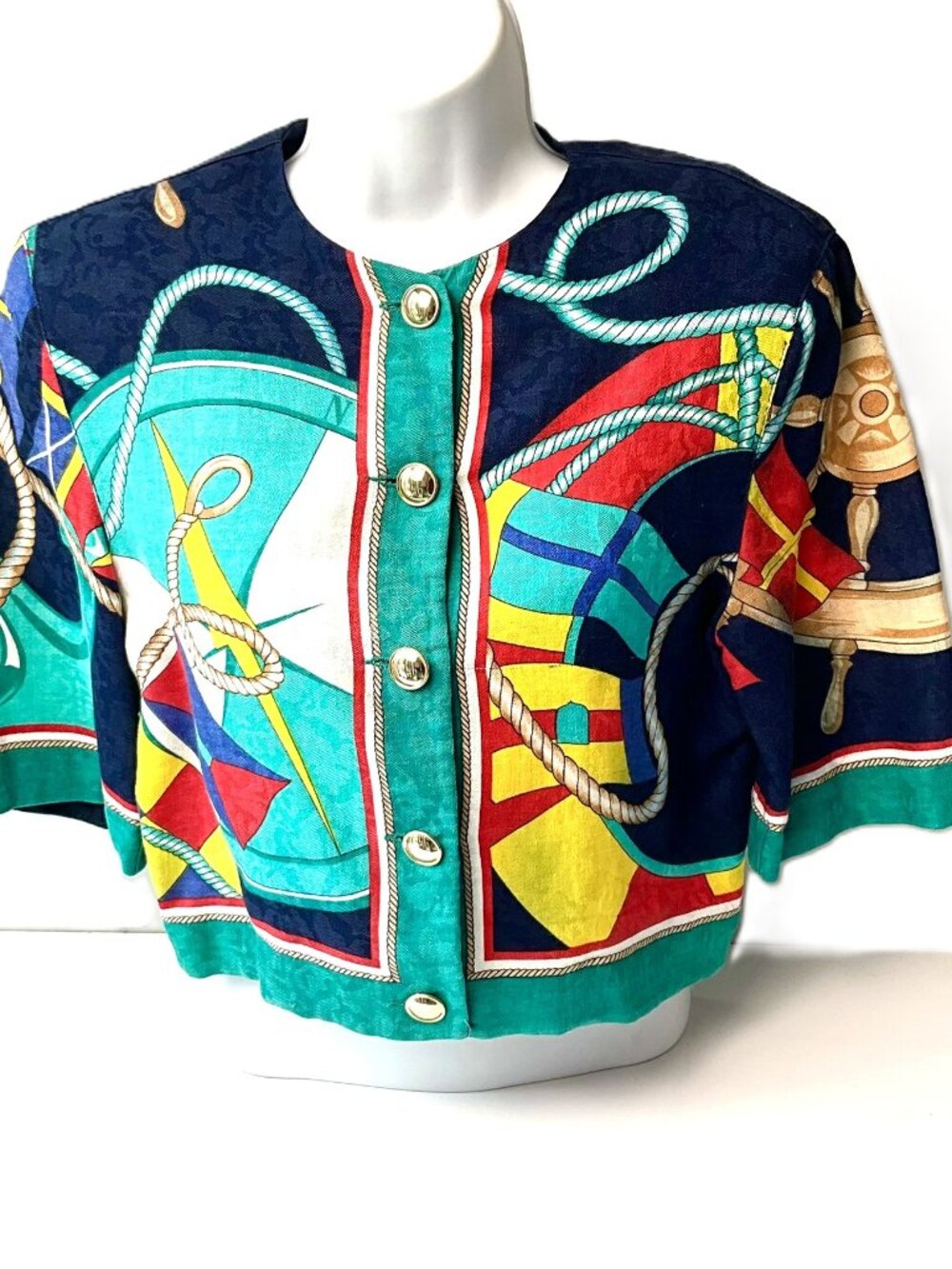 Vintage BYBLOS Nautical Print Copped Linen Blend Cardigan Jacket IT44 Italy